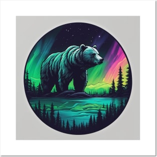 Brown Bear with Forest and Borealis, Colorful, Beautiful Posters and Art